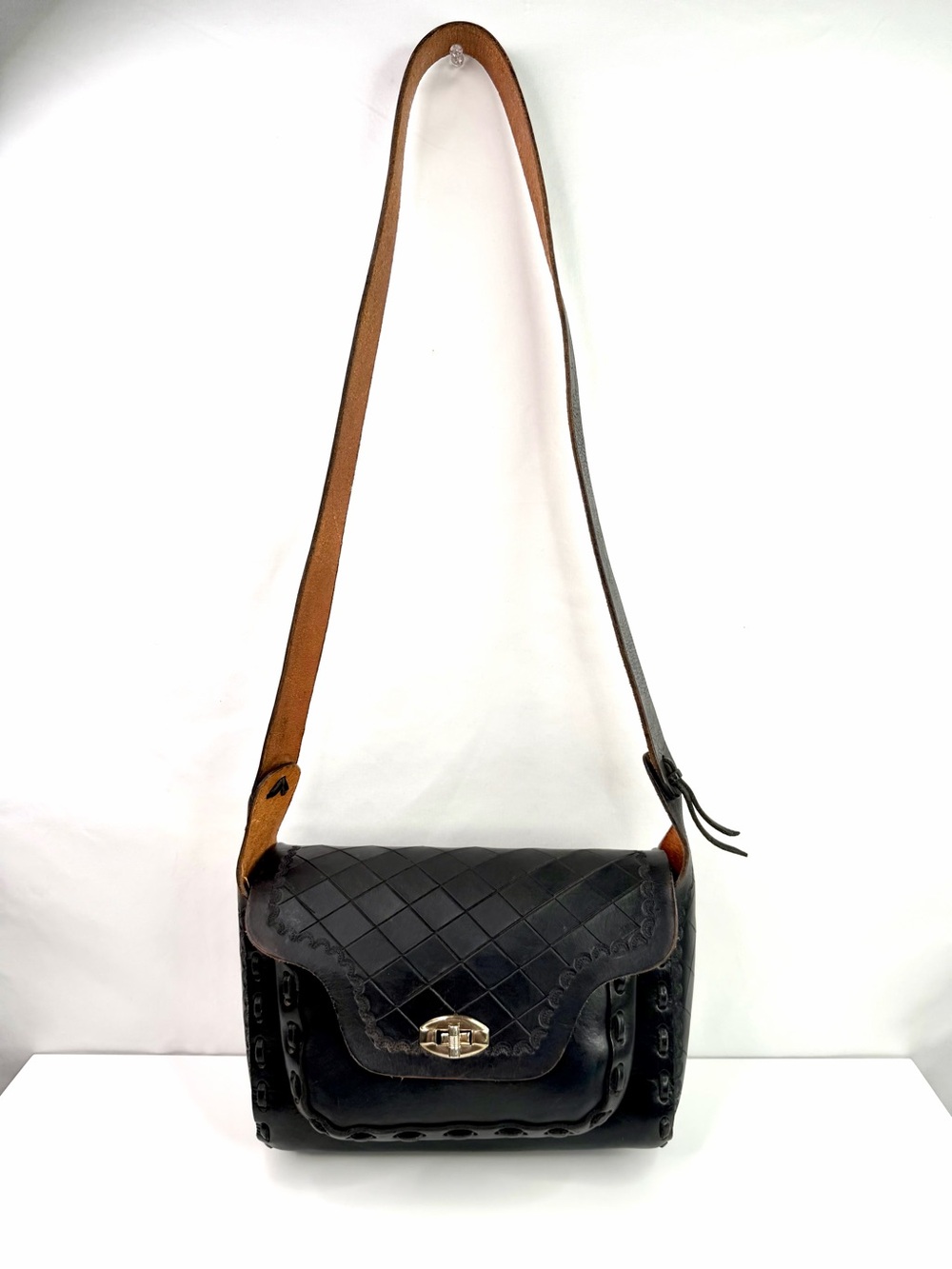 Vintage Black Leather Hand Tooled Shoulder Bag